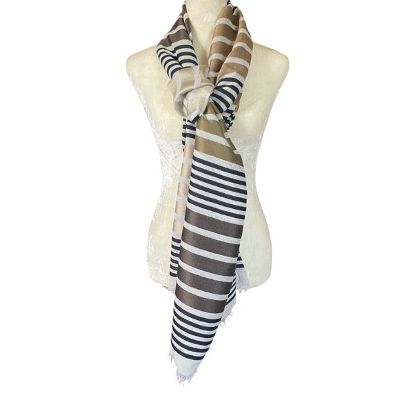 Women's neutral colored striped rectangle scarf wrap shawl fringed edges 74" L - Picture 2 of 6